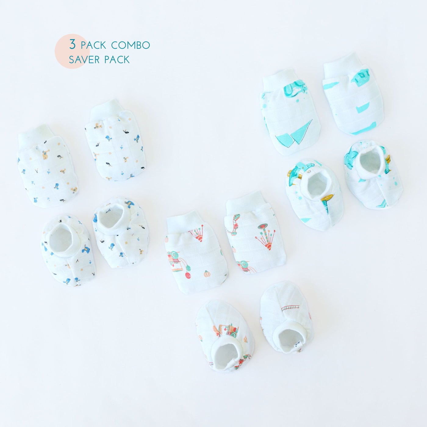 Baby Mittens and Booties 3 Pack Set ( 0 - 4 months ) 100% Cotton