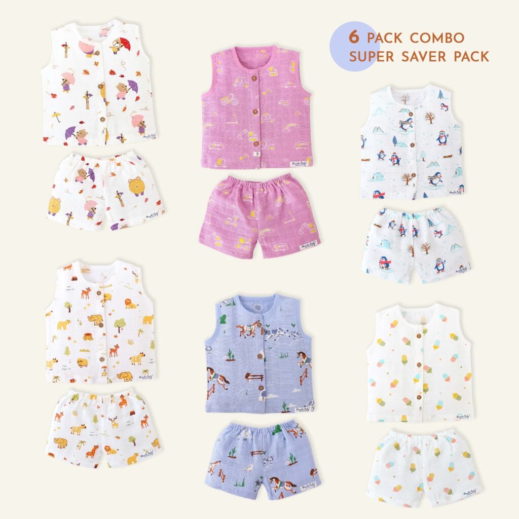 Muslin Unisex Sleeveless top - 6 & Shorts set - 6 (NB - 4years) COMBO SAVER 6 PACK